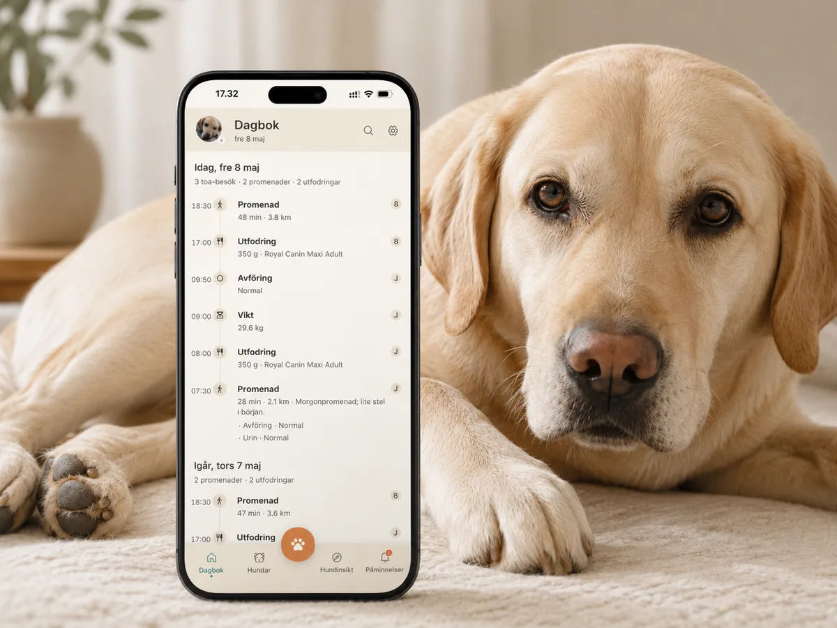 En hund vilar lugnt bredvid en telefon som visar Koiru-appens dagbok
